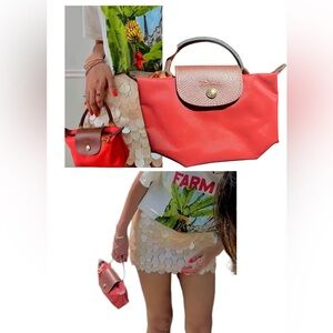 Longchamp Coral Mini Le Pliage Top-Handle Bag with Brown Trim